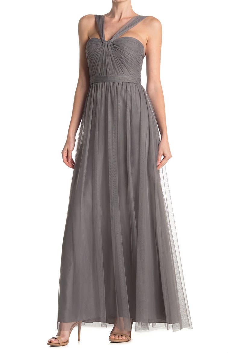 'Aisha' Tulle Twisted V-Neck Gown, Main, color, GRAPHITE