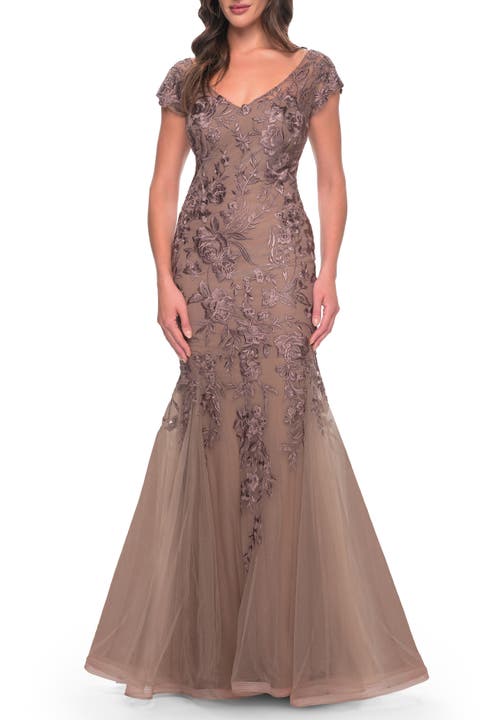 Lace and Tulle Mermaid Gown with Cap Sleeves