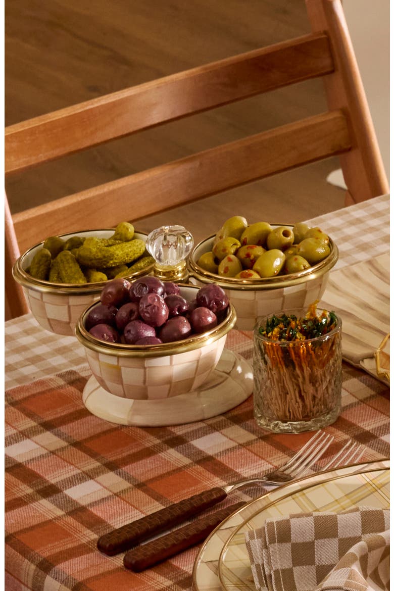 Mocha Check Enameled Steel Triplicity Bowls & Stand Set, Alternate, color, MOCHA