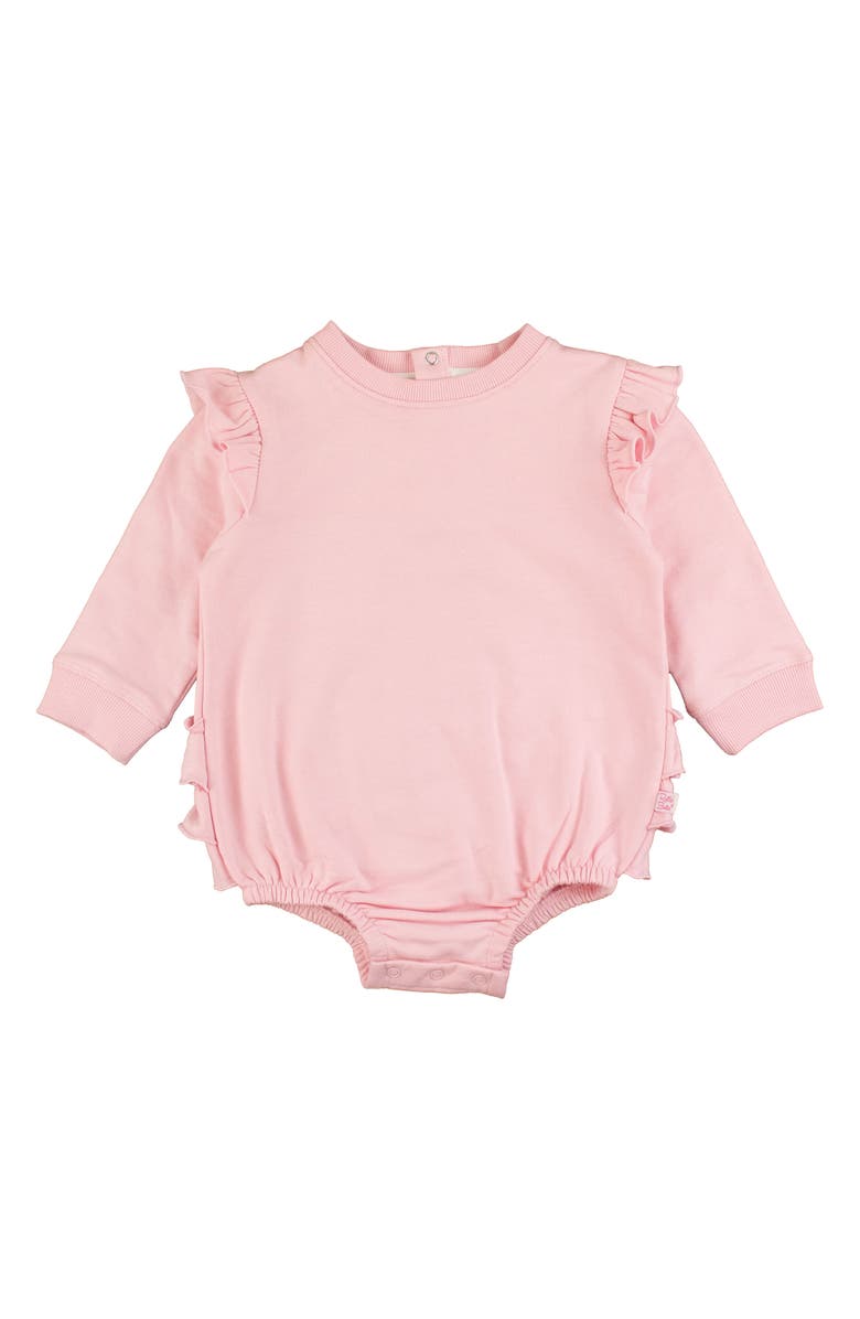 RuffleButts Ruffle Cotton Sweatshirt Bubble Romper, Main, color, Pink