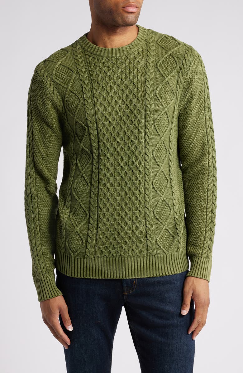Schott NYC Stonewash Cable Stitch Sweater, Main, color, Olive