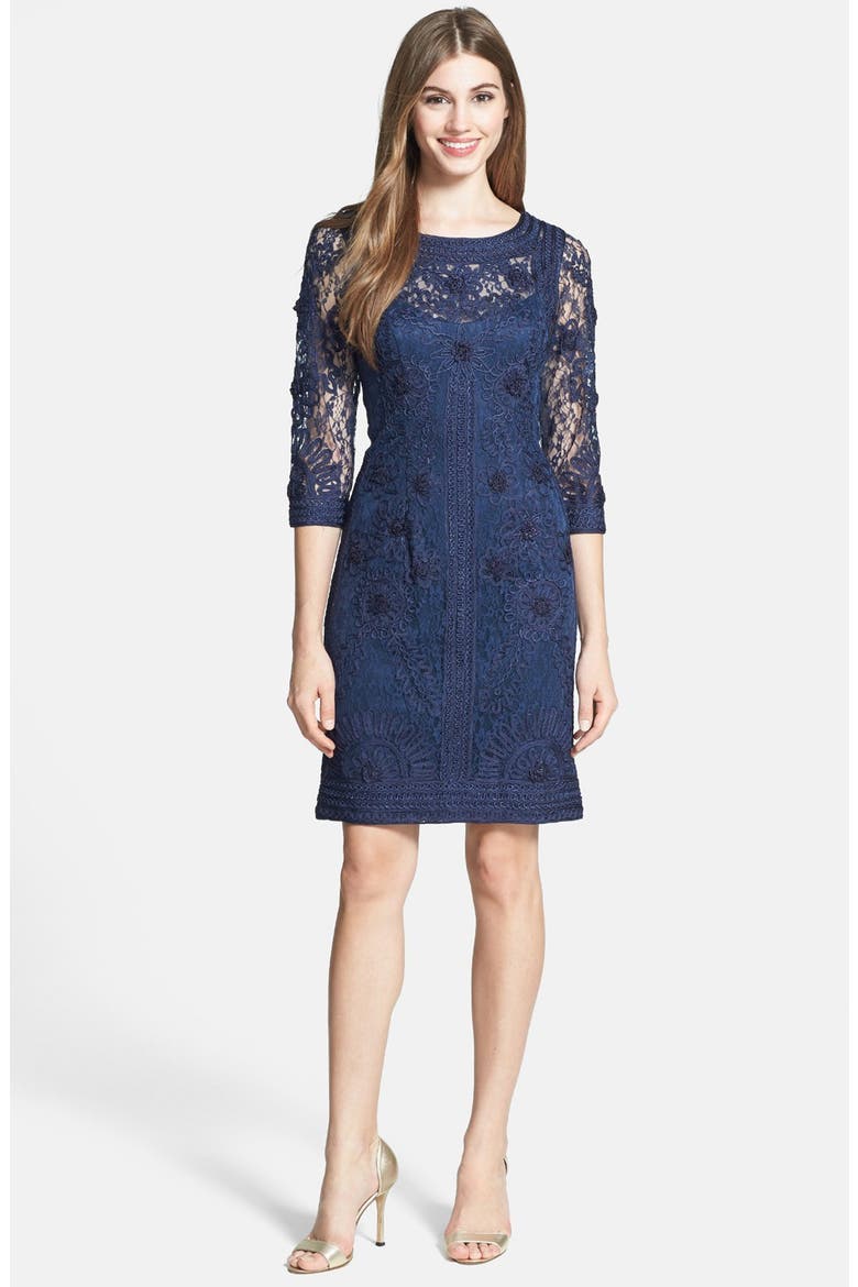Ribbon Trim Illusion Bodice Dress, Main, color, NAVY TONAL
