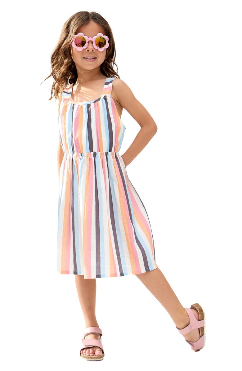 Raffya Kids Kris Cross Back Stripe Print Dress, Alternate, color, Cream