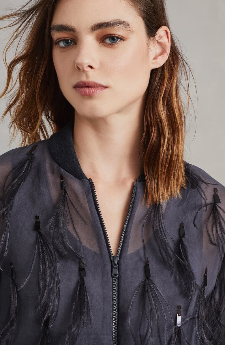 Brunello Cucinelli Crispy silk bomber jacket with dazzling feather embroidery, Alternate, color, 