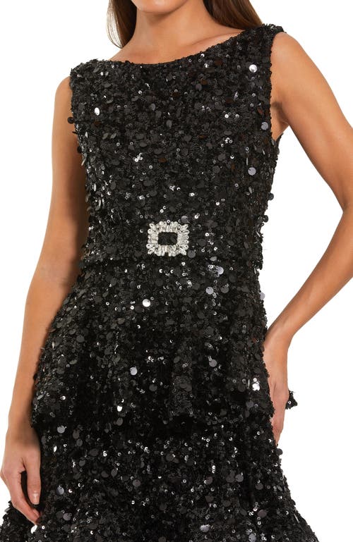 Mac Duggal Sleeveless Sequin Ruffle Midi Dress With Belt In Black