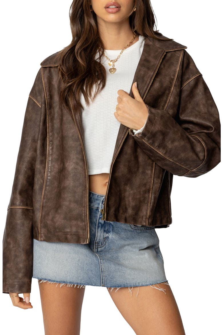 Oversized Washed Faux Leather Jacket, Main, color, BROWN-WASHED