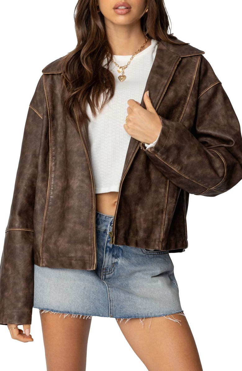 EDIKTED Oversized Washed Faux Leather Jacket, Main, color, Brown-Washed