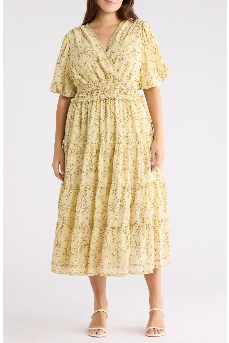 Print Puff Sleeve V-Neck Dress, Main, color, YELLOW TOSSED MEADOW