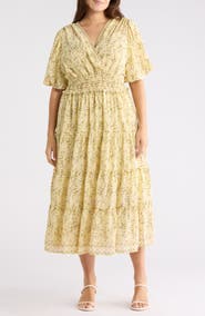 MAX STUDIO Print Puff Sleeve V-Neck Dress