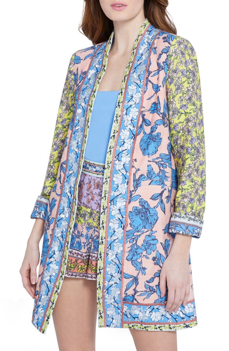 Alice + Olivia Simpson Embroidered Border Linen Blend Long Blazer, Alternate, color,