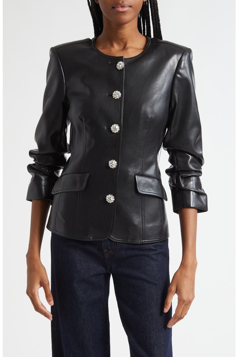 Crystal Button Scrunched Sleeve Faux Leather Jacket, Main, color, BLACK