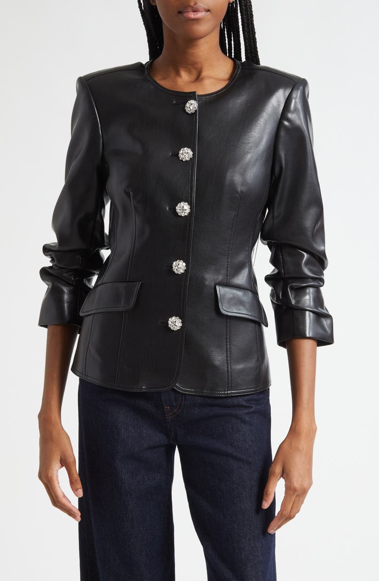 Cinq à Sept Crystal Button Scrunched Sleeve Faux Leather Jacket, Main, color, Black