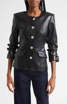 Cinq à Sept Crystal Button Scrunched Sleeve Faux Leather Jacket