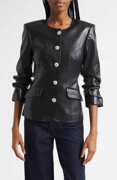 Cinq à Sept Crystal Button Scrunched Sleeve Faux Leather Jacket