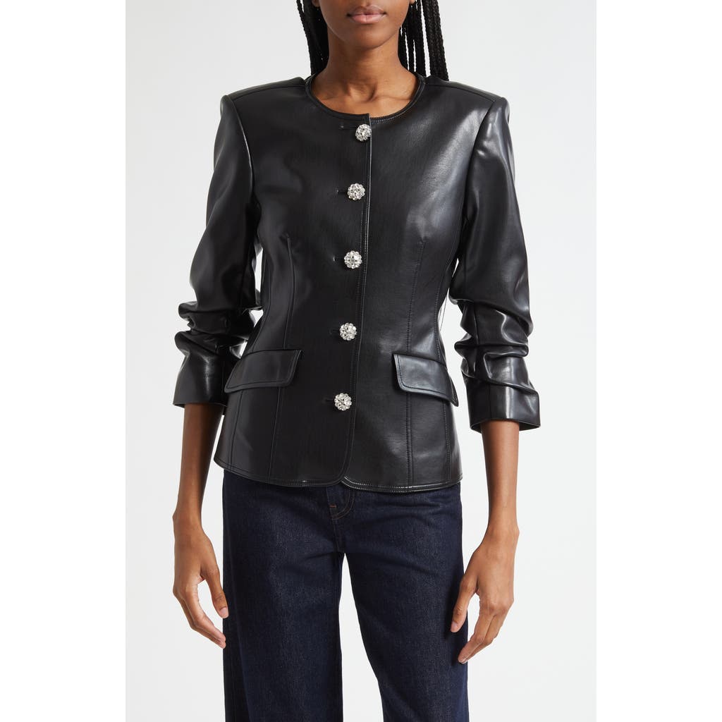 Cinq À Sept Crystal Button Scrunched Sleeve Faux Leather Jacket In Black