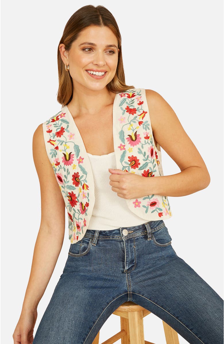 Yumi Folk Embroidered Cotton Waist Coat, Main, color, Multi