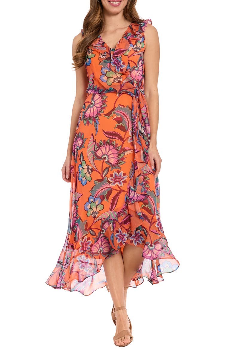 Ruffle Faux Wrap Midi Dress, Main, color, ORANGE/ PLUM