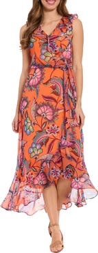 London Times Ruffle Faux Wrap Midi Dress