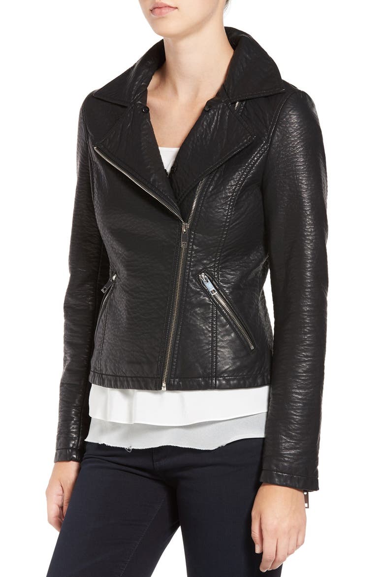 Faux Leather Jacket with Removable Faux Fur Collar, Alternate, color, BLACK
