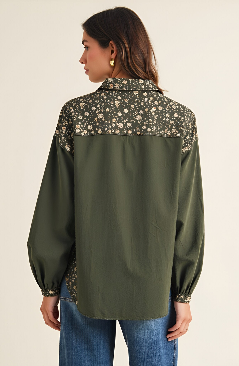 Modenaire Long Sleeve Floral Print Trim Button Up Shirt, Alternate, color, Floral Print