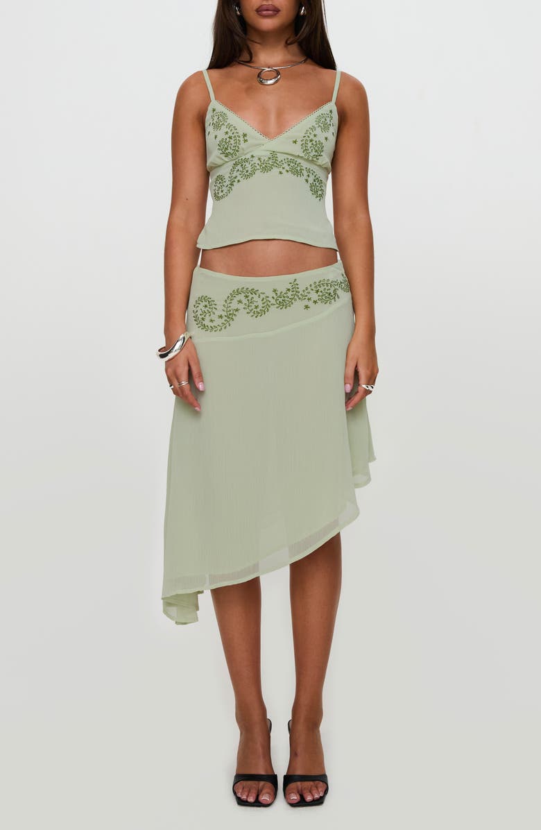 Princess Polly Pappilion Embroidered Asymmetric Chiffon Skirt, Alternate, color, Green