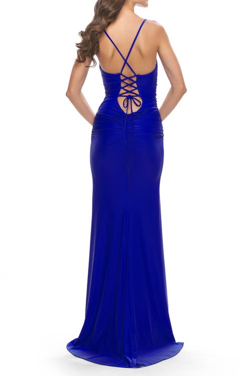La Femme Ruched Jersey Gown With Intricate Lace Up Back In Royal Blue