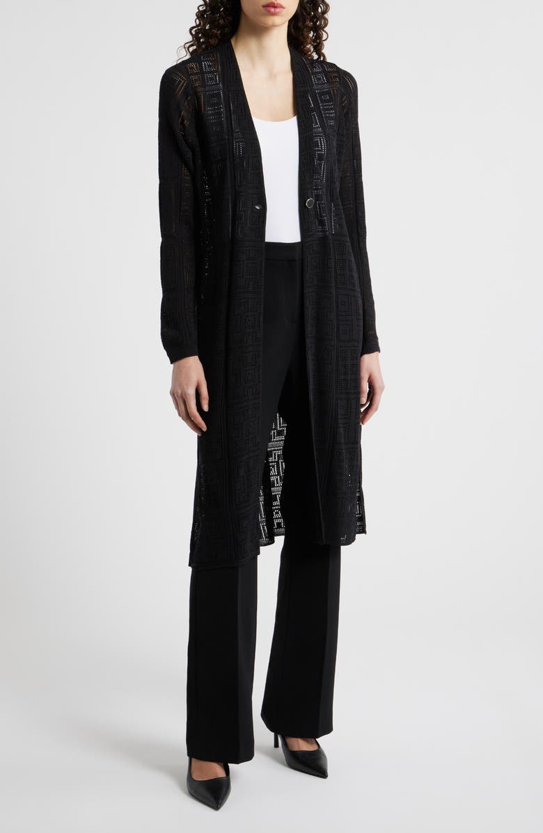Anne Klein Open Stitch Cotton Blend Long Cardigan, Main, color, Anne Black