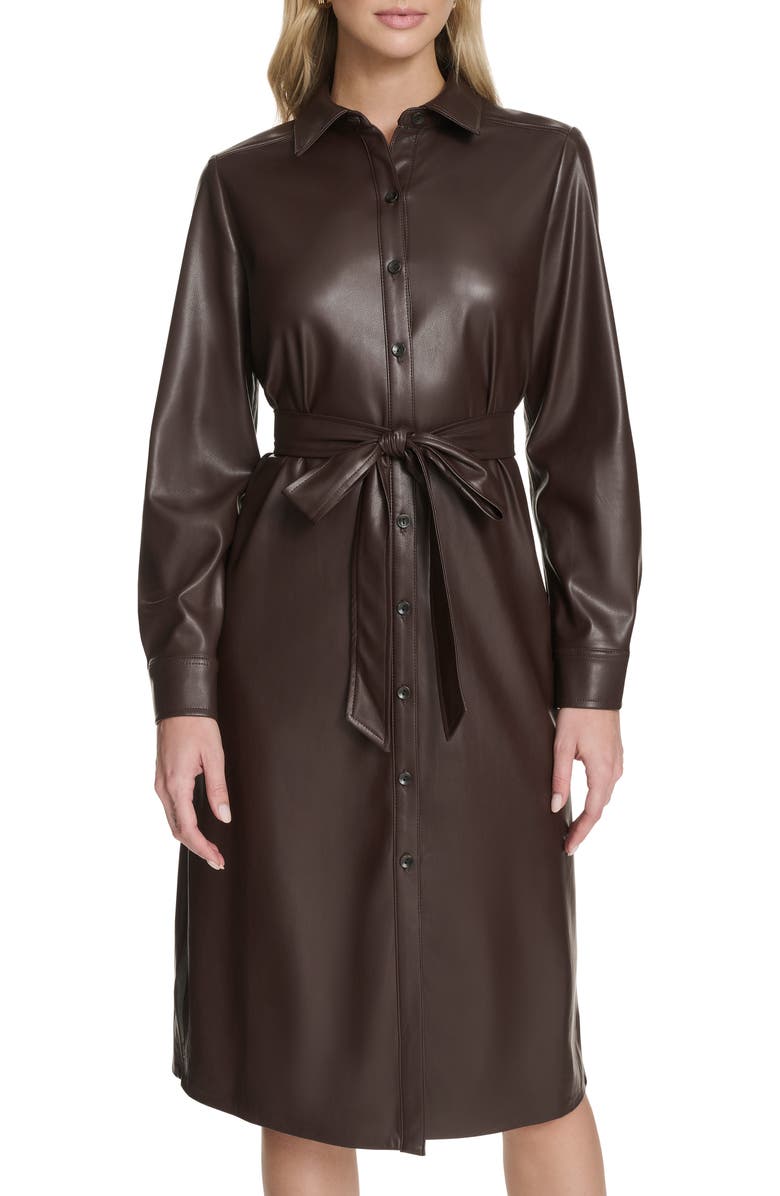 Calvin Klein Long Sleeve Faux Leather Shirtdress, Alternate, color, Coffee Bean