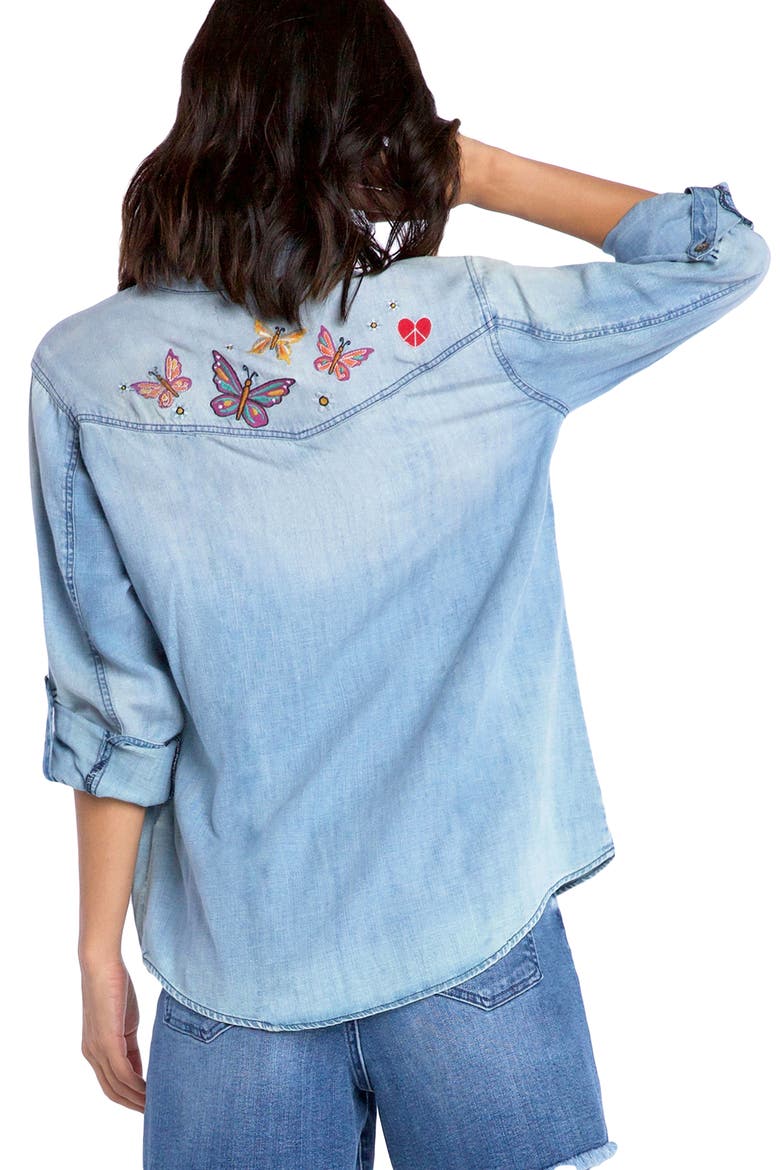 Butterfly Kiss Embroidered Denim Graphic Button-Up Shirt, Alternate, color, DENIM