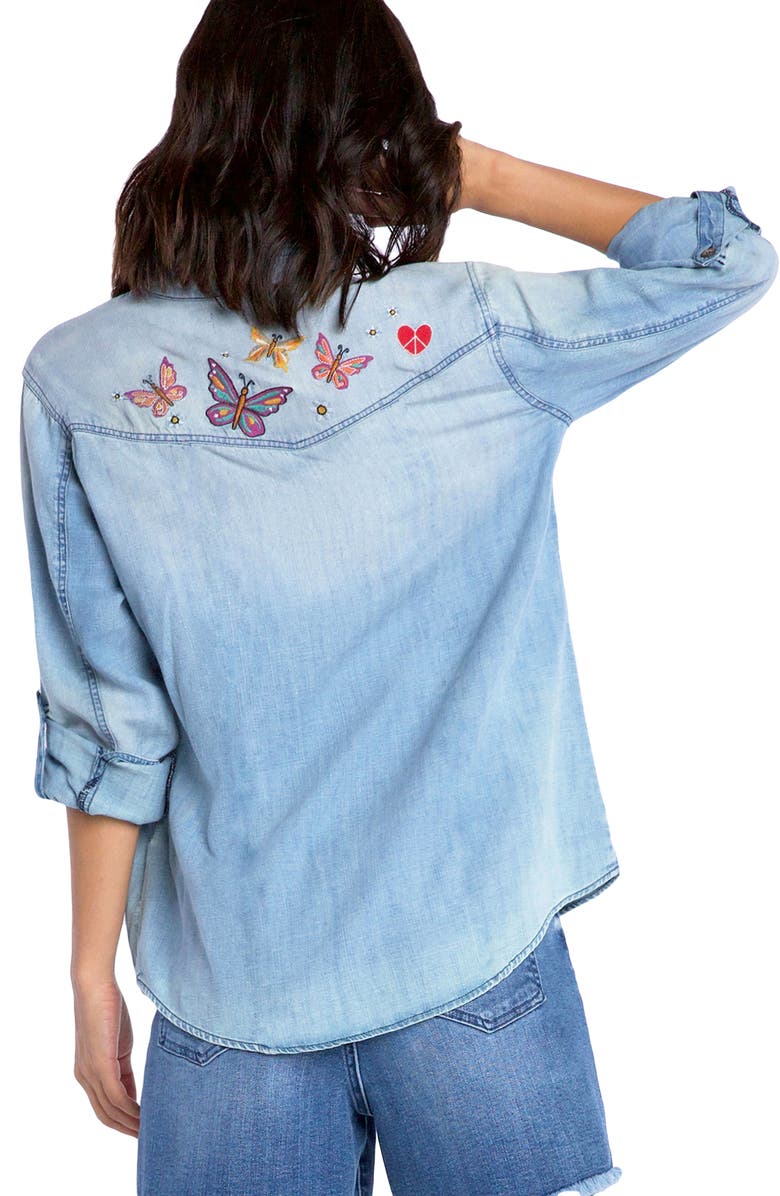 Billy T Butterfly Kiss Embroidered Denim Graphic Button-Up Shirt, Alternate, color, Denim