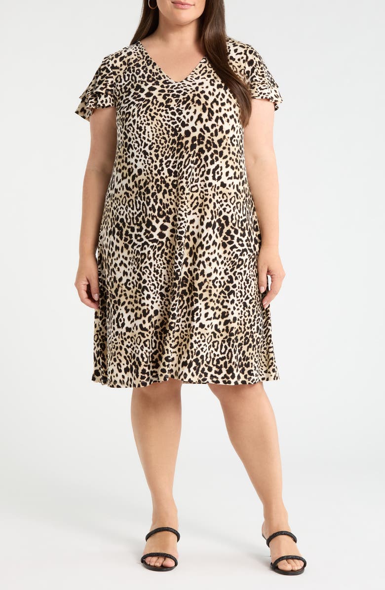 AK ANNE KLEIN Leopard Print V-Neck Swing Dress, Main, color, Anne Black Multi