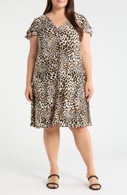 AK ANNE KLEIN Leopard Print V-Neck Swing Dress