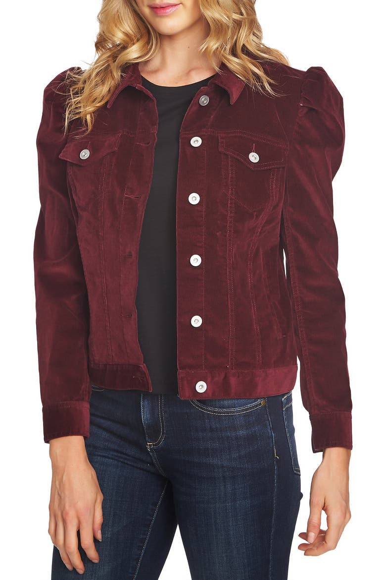 Puff Sleeve Stretch Cotton Corduroy Jacket, Alternate, color, DEEP CLARET