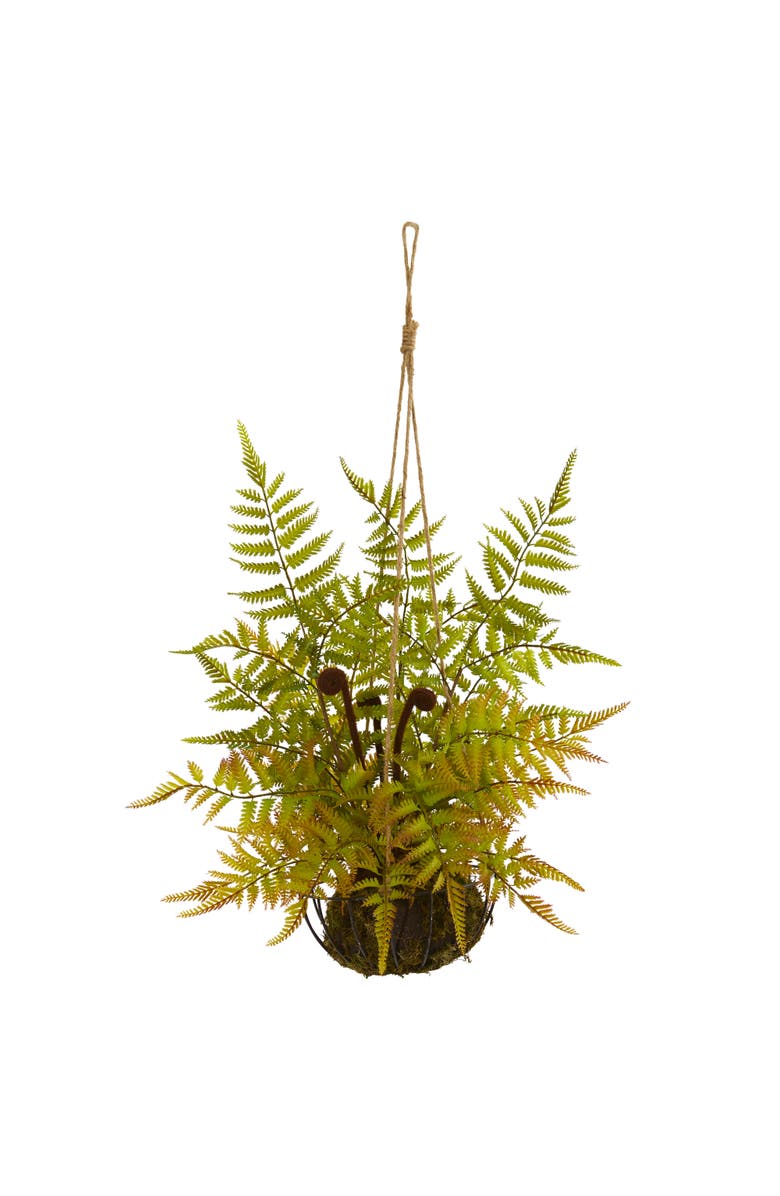NEARLY NATURAL 21-in Fern Artificial Plant in Metal Hanging Basket, Main, color, Green