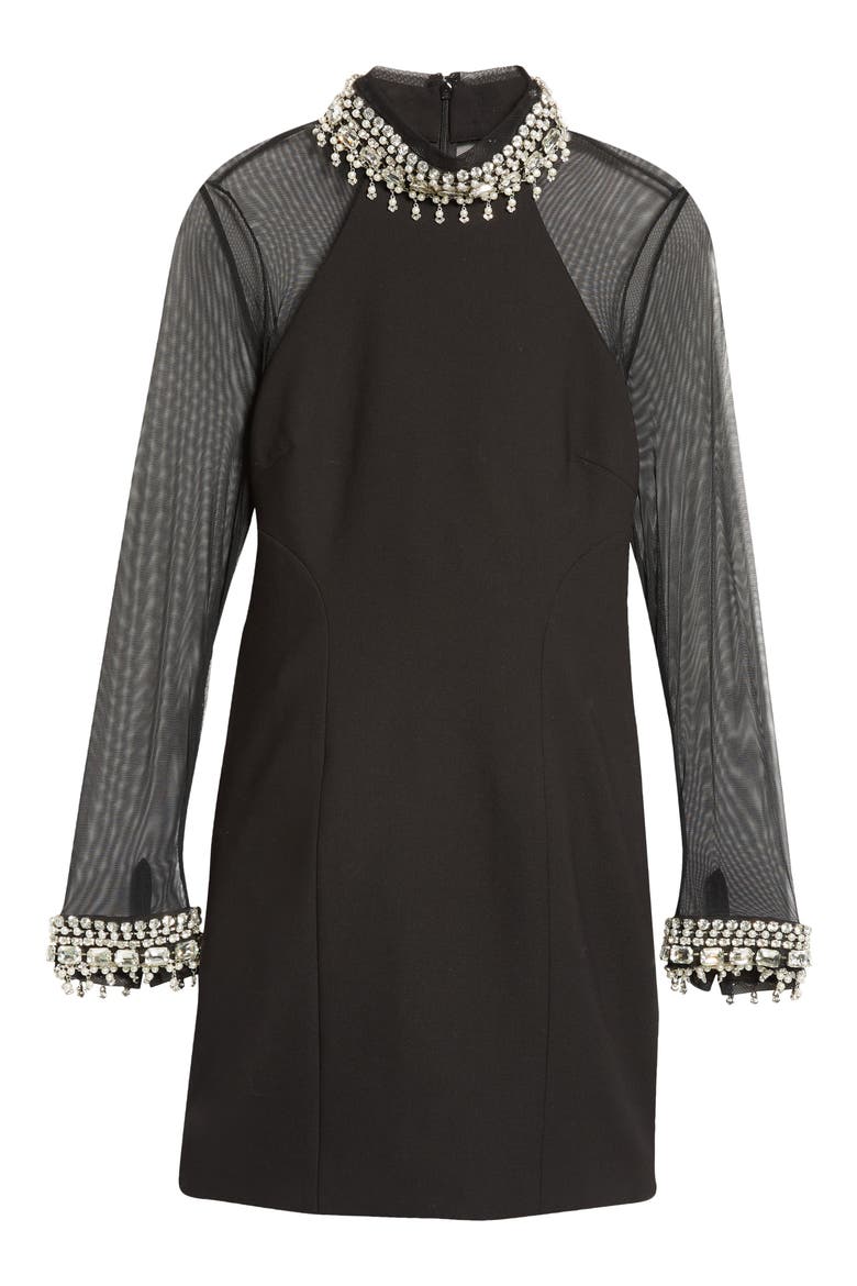 Crystal & Imitation Pearl Detail Long Sleeve Minidress, Alternate, color, BLACK/ SILVER