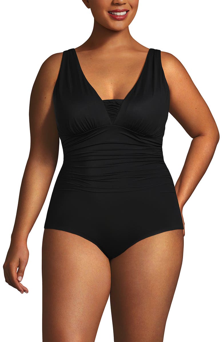 Lands' End SlenderSuit Grecian Tummy Control Chlorine Resistant One Piece Swimsuit, Main, color, Black