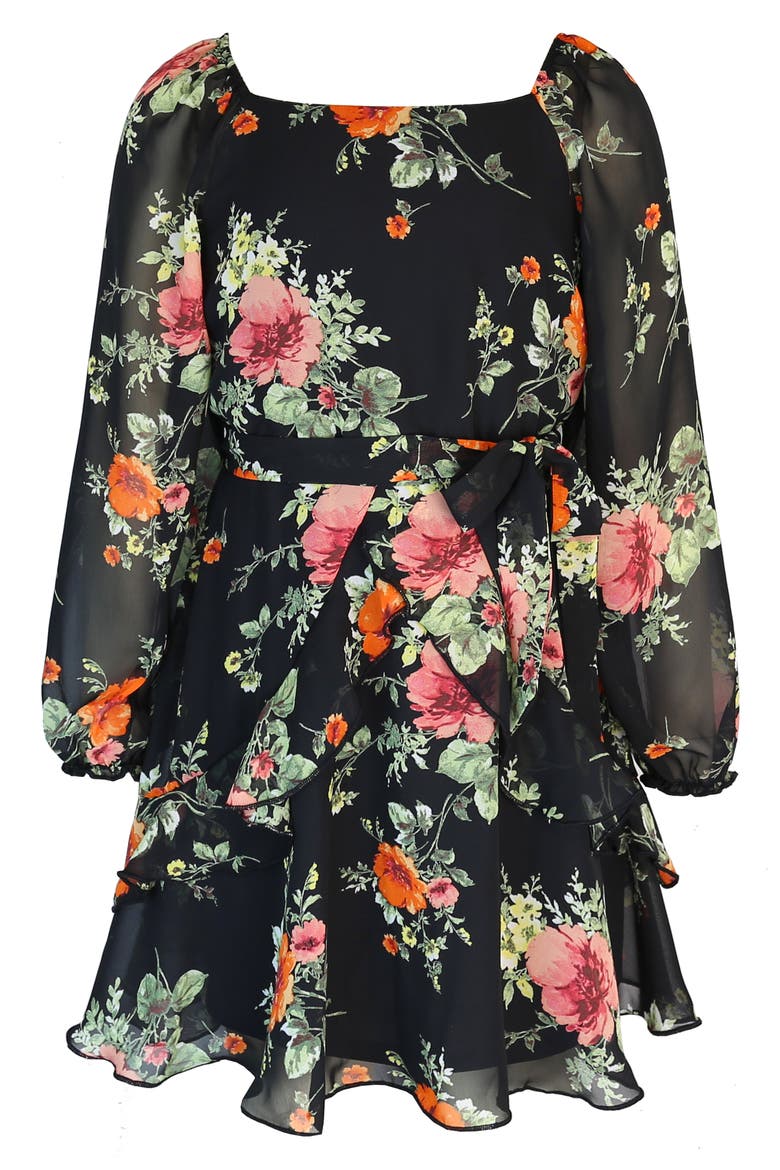 Kids' Floral Chiffon Dress, Main, color, BLACK/ ROSE/ ORANGE