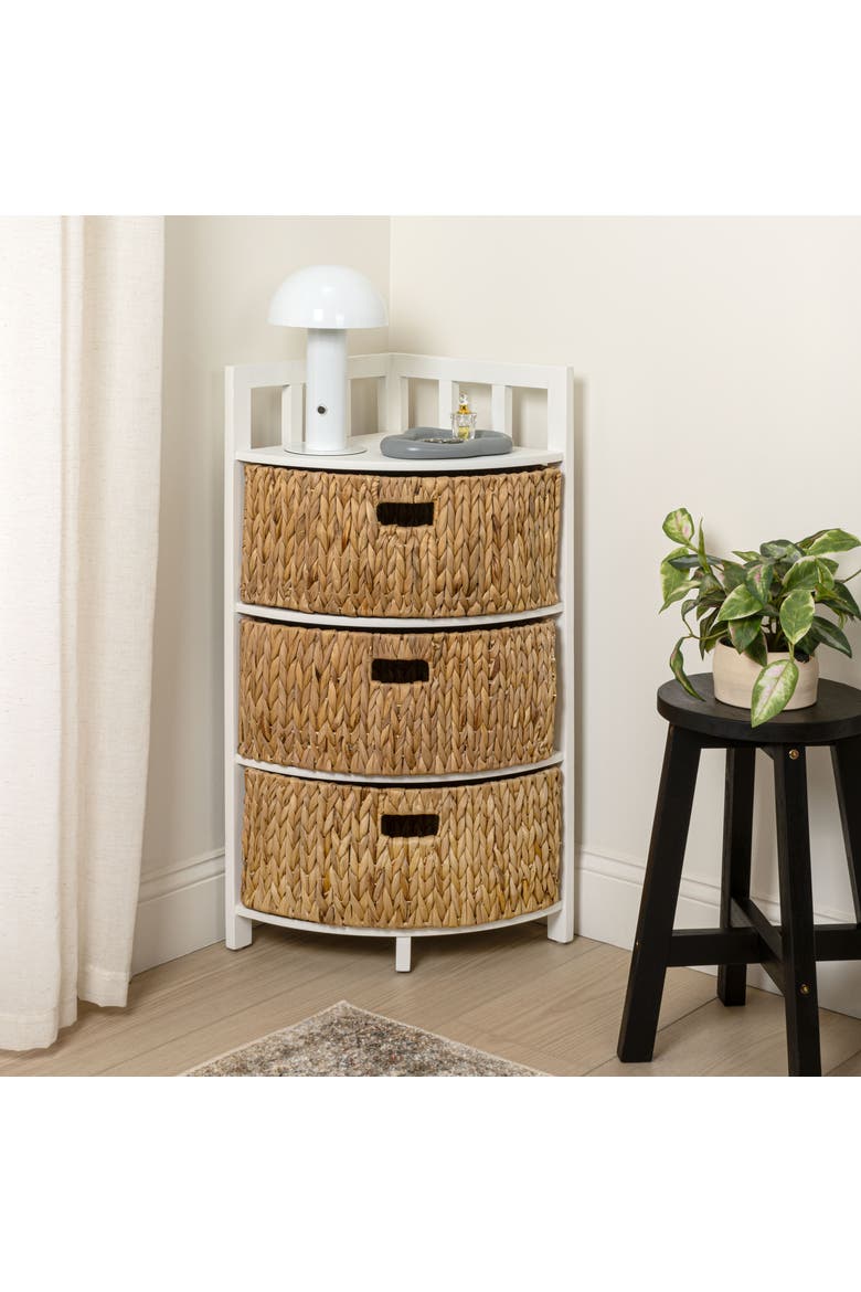 Quart Handcrafted Acacia Wood 3-Tier Corner Storage Cabinet with 3 Water Hyacinth Baskets, Alternate, color, White