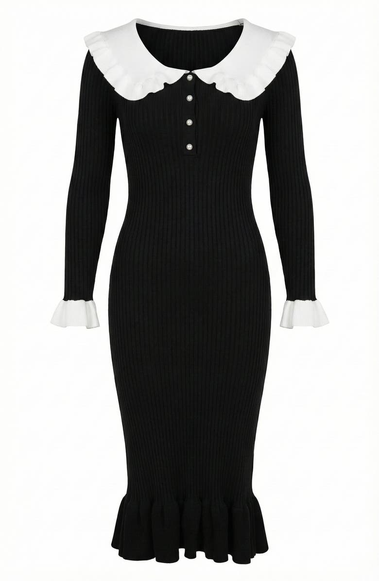 Modenaire Ribbed Knit Ruffled Collar Midi Dress, Alternate, color, Black