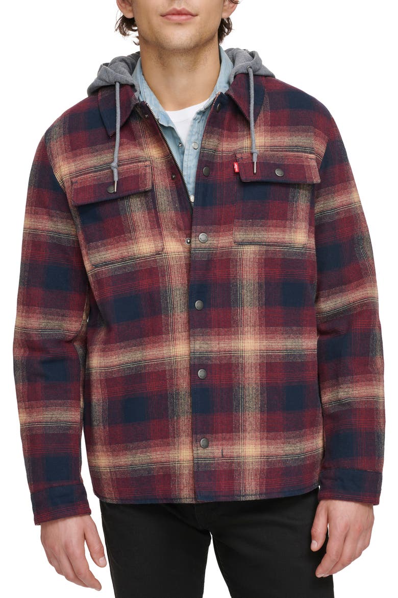 Plaid Faux Shearling Lined Jersey Hood Shirt Jacket, Main, color, RED OMBRE