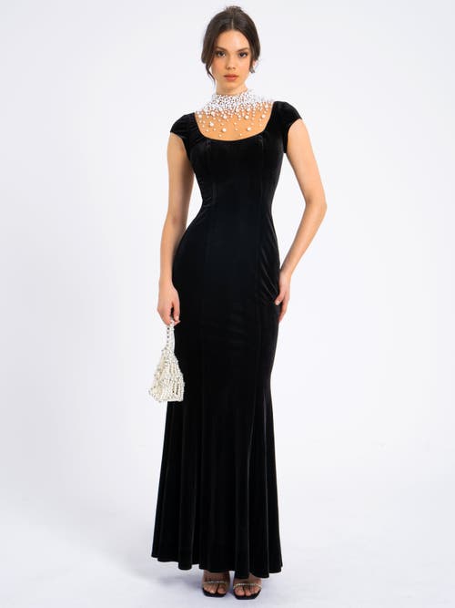 Miss Circle Rachael Velvet Pearl Embellished Gown In Black