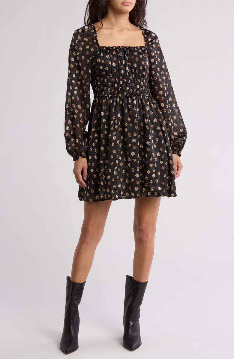 Melrose and Market Floral Long Sleeve Smocked Chiffon Minidress |  Nordstromrack