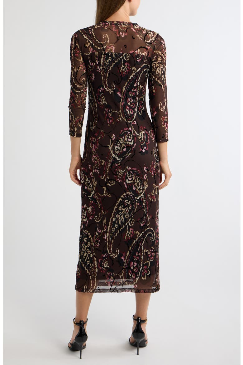 Flocked Mesh Midi Dress, Alternate, color, DEEP MAHOGANY MULTI