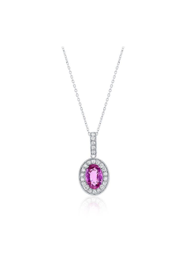 14K Gold Pink Sapphire & Diamond Oval Halo Pendant Necklace, Main, color, Pink