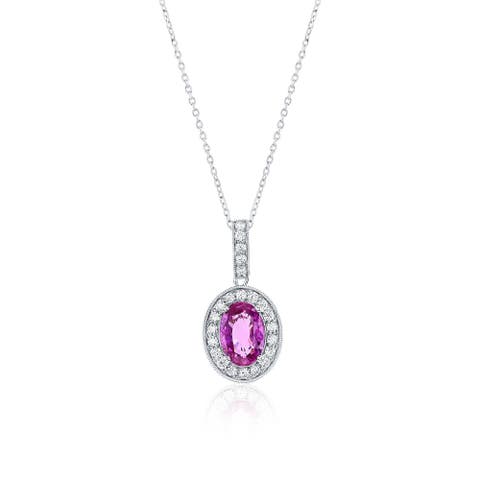 14K Gold Pink Sapphire & Diamond Oval Halo Pendant Necklace