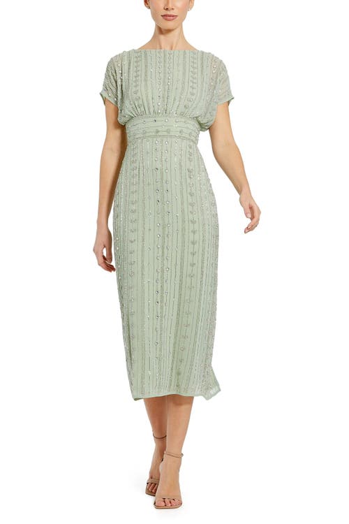 Mac Duggal Beaded Empire Waist Column Midi Cocktail Dress In Sage