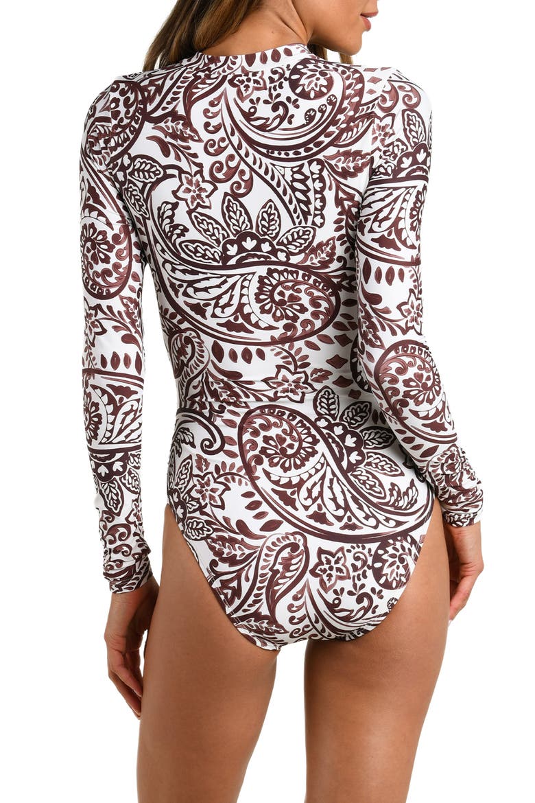Painted Paisley Long Sleeve One-Piece Swimsuit, Alternate, color, ESPRESSO