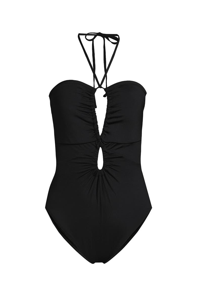 Ruched Multi-Way V-Neck Halter High Leg One Piece Swimsuit, Alternate, color, Black