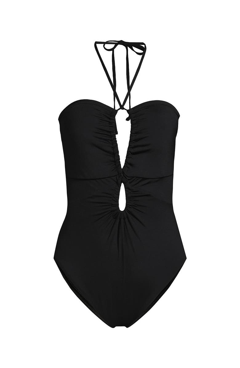Lands' End Ruched Multi-Way V-Neck Halter High Leg One Piece Swimsuit, Alternate, color, Black