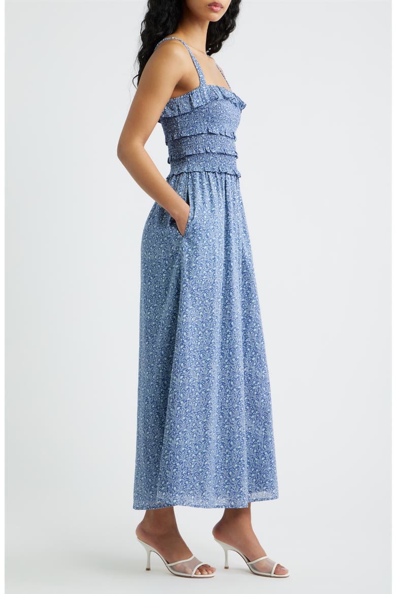 The Analiese Smocked Cotton Midi Nap Dress, Alternate, color, DITSY THISTLE BLUE